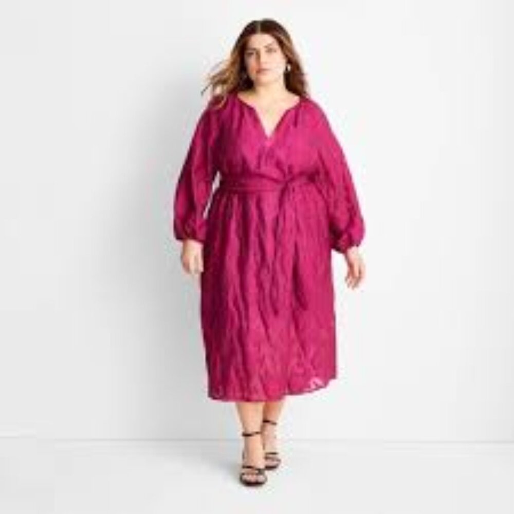 Future Collective x Jenny K. Lopez Puff-Sleeve Belted Midi Dress – Maroon / Deep